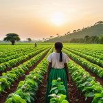 **A lush, green organic cotton field at sunrise, with farmers carefully tending to the plants. Focus on the natural beauty of the environment and the ethical labor practices.** *(Emphasis: serene, ethical, natural)*