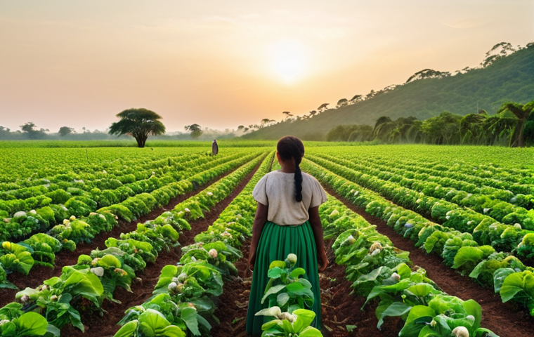 **A lush, green organic cotton field at sunrise, with farmers carefully tending to the plants. Focus on the natural beauty of the environment and the ethical labor practices.** *(Emphasis: serene, ethical, natural)*