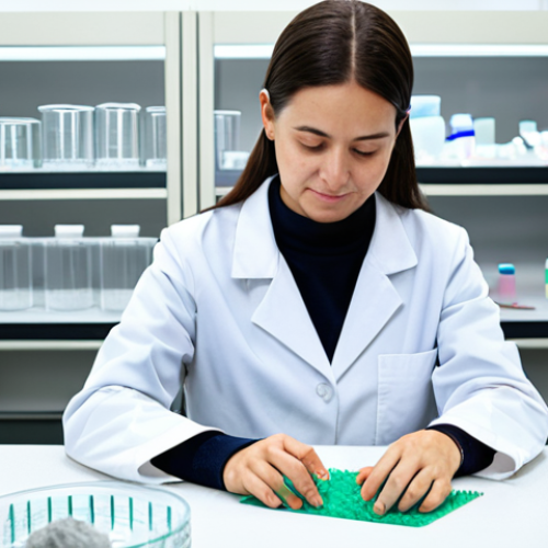 Home 19 A professional female textile engineer, fully clothed in a modest, pristine laboratory coat, meticulously examining a swatch of high-quality recycled polyester (rPET) fabric under bright, even lighting. In the background, a modern, sterile textile research laboratory showcases organized containers of raw plastic waste (PET bottles) transitioning into sleek rolls of sustainable fabric, illustrating a circular production process. The scene conveys innovation and environmental responsibility. Perfect anatomy, correct proportions, natural pose, well-formed hands, proper finger count. Professional photography, sharp focus, high detail, realistic, safe for work, appropriate content, family-friendly.