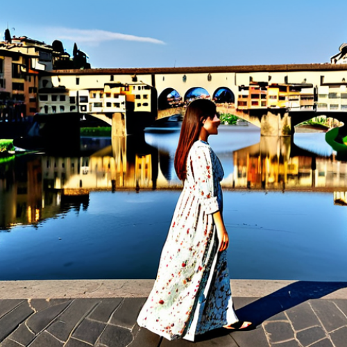 Home 18 Sustainable Fashion in Florence**
"A woman strolling through the Oltrarno district of Florence, Italy, wearing a flowing, fully clothed, modest Tencel dress in a floral print. Background features artisan workshops and the Ponte Vecchio in the distance. Perfect anatomy, correct proportions, natural pose, well-formed hands, proper finger count, natural body proportions, safe for work, appropriate content, fully clothed, professional, family-friendly, high quality, soft lighting, realistic textures."
**