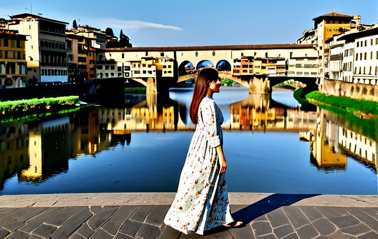 Sustainable Fashion in Florence**
"A woman strolling through the Oltrarno district of Florence, Italy, wearing a flowing, fully clothed, modest Tencel dress in a floral print. Background features artisan workshops and the Ponte Vecchio in the distance. Perfect anatomy, correct proportions, natural pose, well-formed hands, proper finger count, natural body proportions, safe for work, appropriate content, fully clothed, professional, family-friendly, high quality, soft lighting, realistic textures."
**