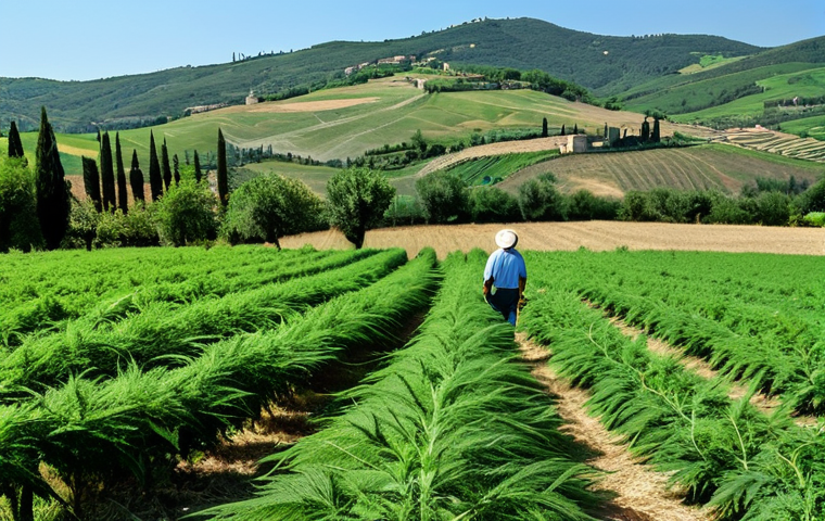 이탈리아의 친환경 의류 생산 사례 - Sustainable Hemp Farm in Umbria**
"Lush hemp field in the rolling hills of Umbria, Italy. Farmers t...