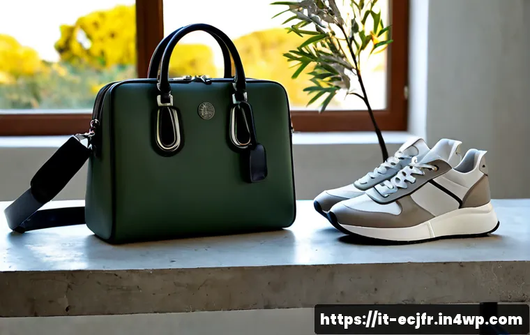 Home 10 산업 폐기물로 만든 패션 아이템 - Photorealistic sustainable fashion still life in a refined Italian design studio, elegant handbag an...