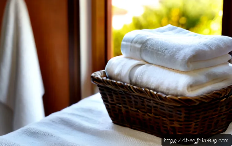 유기농 면의 장점과 단점 - Photorealistic bright Italian home laundry scene, a neatly folded stack of soft unbleached organic c...